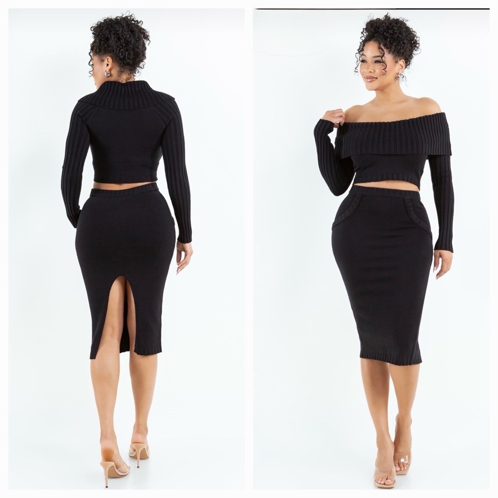 Hera Collection Black Off-Shoulder Knit Midi Skirt Set